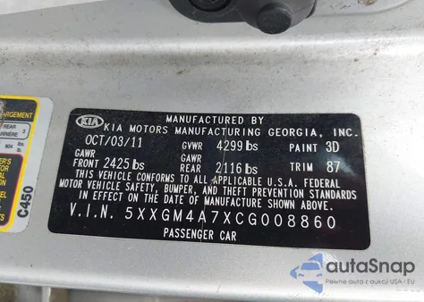 2012 Kia Optima Lx from USA, damaged, VIN 5XXGM4A7XCG008860